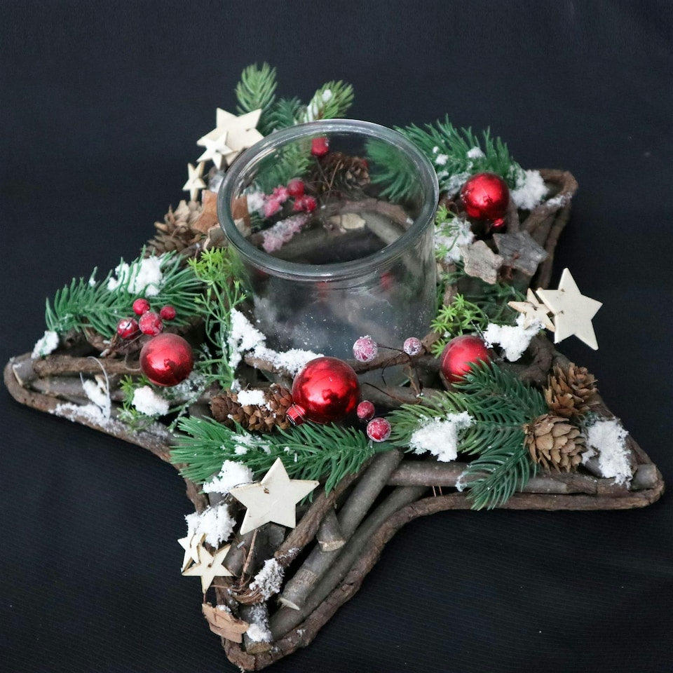 image 1 of Star Shape Wooden Candle Holder Tabletop Centrepiece Christmas Decorated with Red/Silver Baubles, Berries and Cones