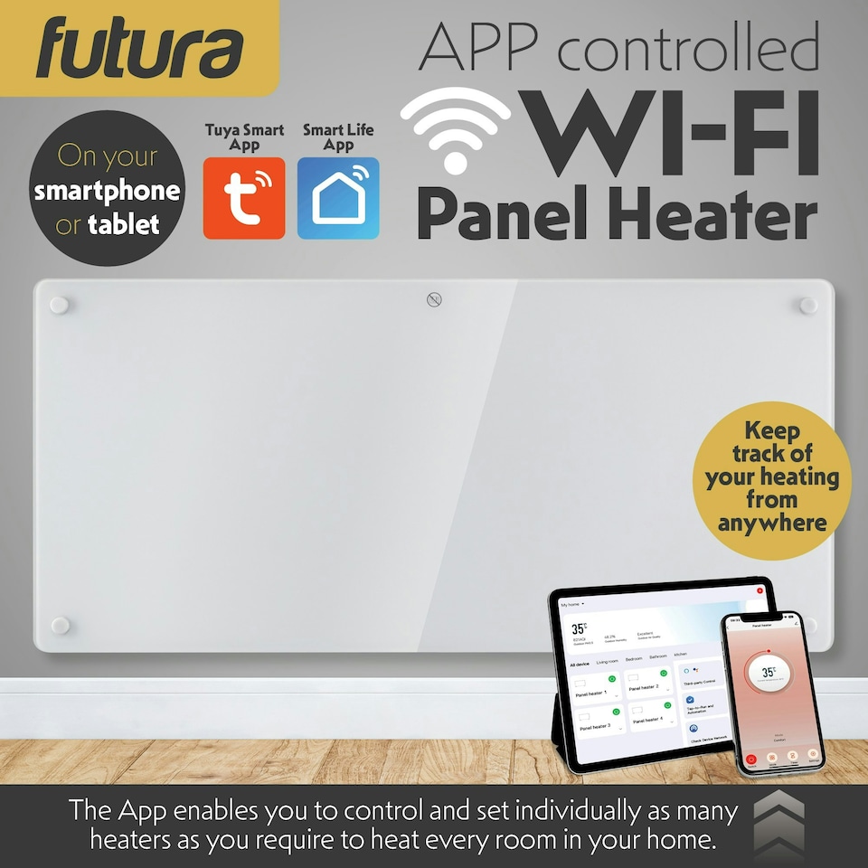 image 1 of Futura 2000W Smart Wifi Heater Electric Panel Wall Mounted White Glass Radiator