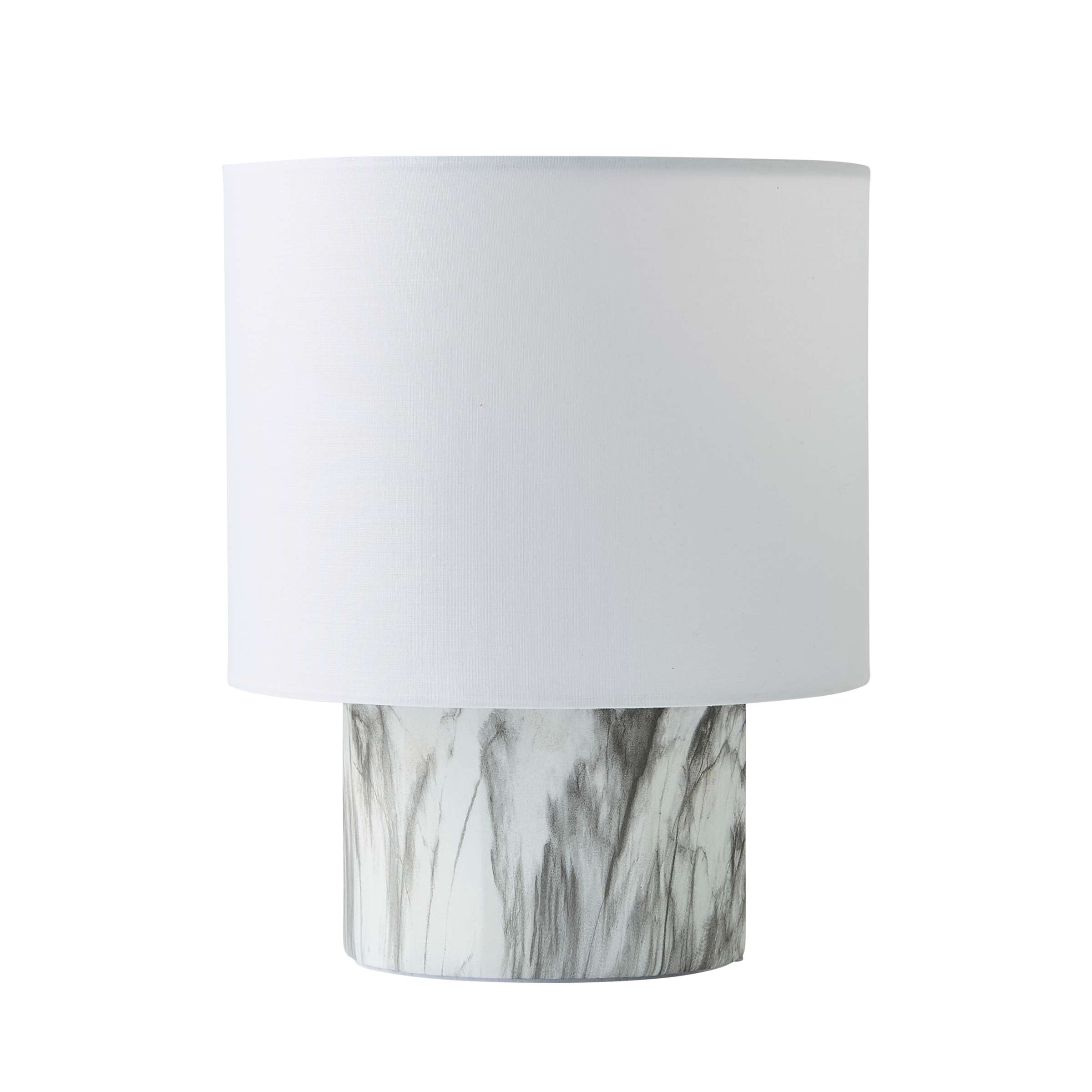 ValueLights Melanie White Marble Effect Table Lamp with White Linen Lamp Shade & LED Bulb in Off-White