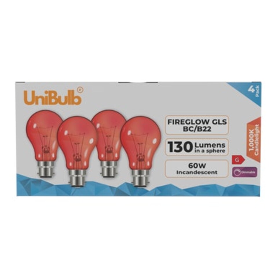 image 1 of UniBulb B22 GLS 60W 1950k Fireglow Red Light Bulb  - Pack of 4