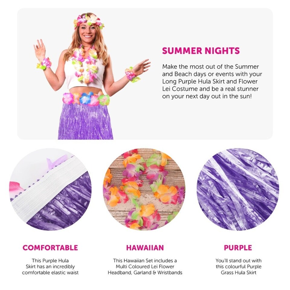 image 1 of Pack of 3 80cm Hawaiian Long Purple Hula Skirt & Lei Purple | One Size