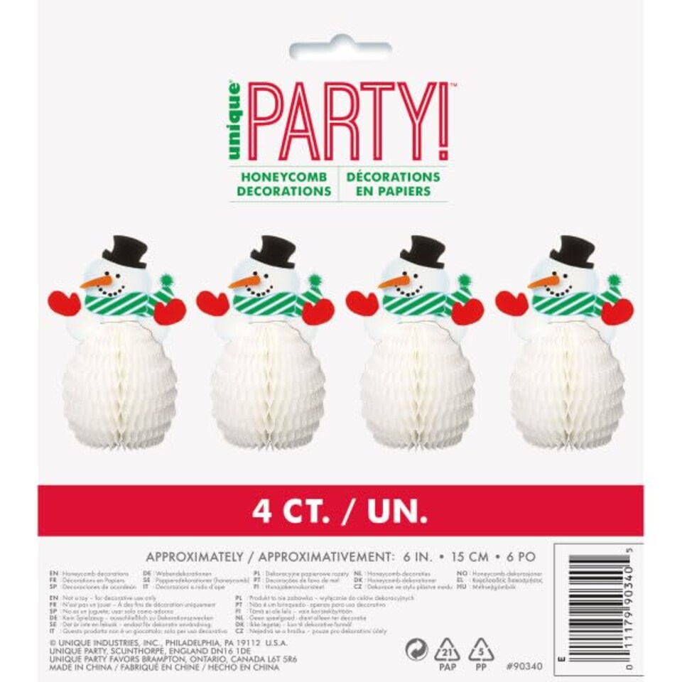 image 1 of Pack of 4 Snowman Honeycomb Christmas Decorations