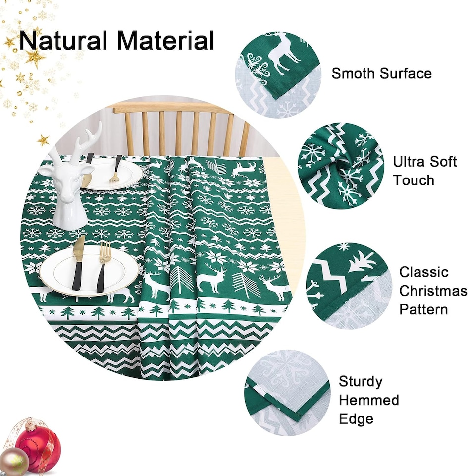image 1 of London Boutique Round Christmas Tablecloth, Stain‑Resistant Wrinkle‑Resistant, Snowflake and Reindeer Print, Green, 60 in
