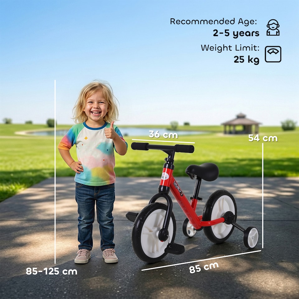 image 1 of HOMCOM Kids Balance Training Bike Toy w/ Stabilizers For Child 2-5 Years Red | Red | Red
