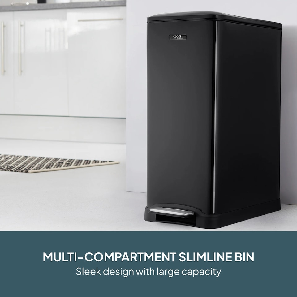 image 1 of Cooks Professional Slimline Dual Recycle Pedal Bin 50L - 2 Compartments & Soft Close Lid | Black