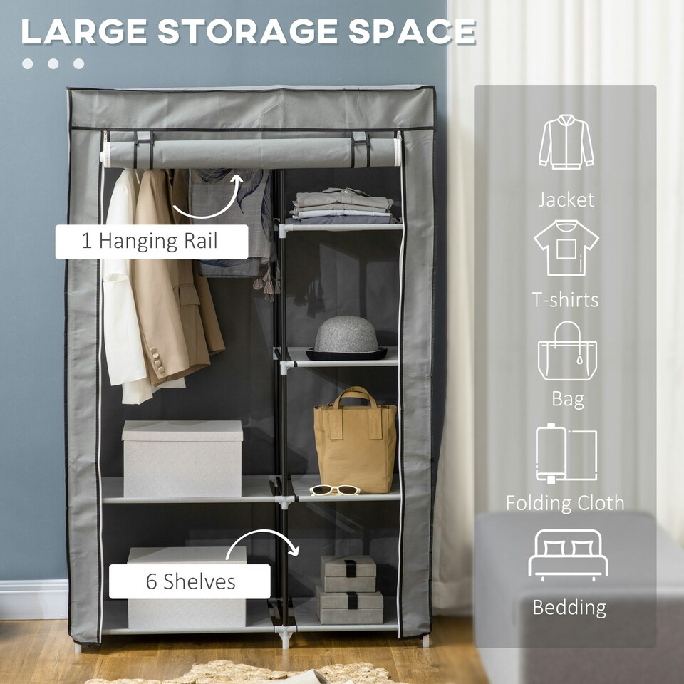image 1 of HOMCOM Fabric Wardrobe w/ Shelves Hanging Rail Foldable Closets