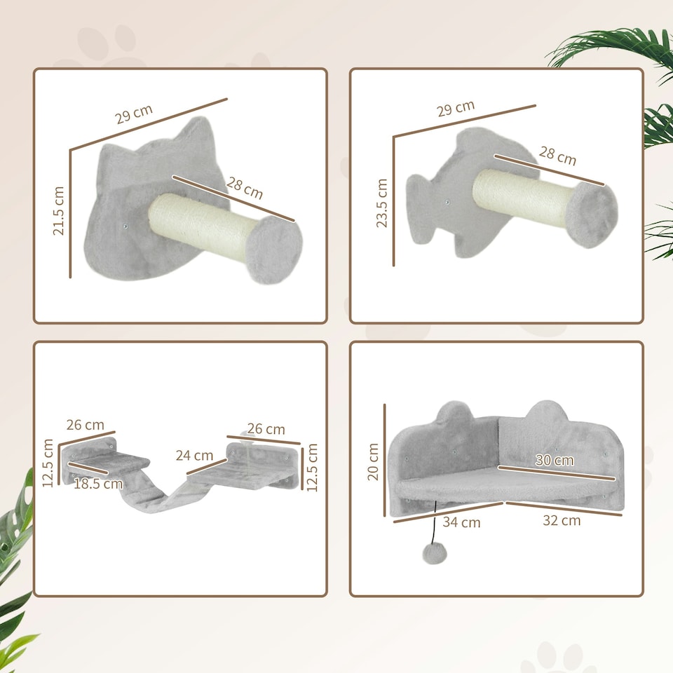 image 1 of PawHut4 Piece Cat Wall Shelves Wall-Mounted Tree with Platforms Light Grey