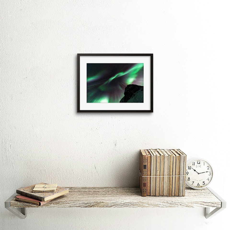 image 1 of Aurora Borealis Northern Lights Sky Mountain Peak 9x7" Black Framed Wall Art Print