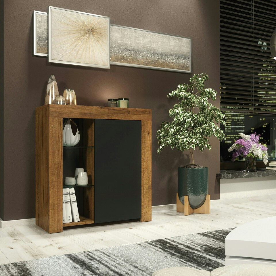 image 1 of Sideboard 75cm – Oak Matt Body & Black Matt Door – Modern Cabinet with Glass Shelves and LED Brown | Black