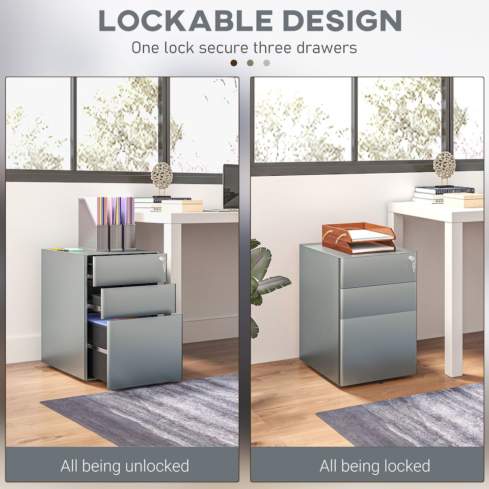 image 1 of Vinsetto 3-Drawer Mobile Filing Cabinet, Steel Lockable File Cabinet for A4, Legal, Letter, Compact Under Desk Storage Unit with Pre-Assembled Body Except Wheels for Home Office, 39 x 48 x 59cm, Grey