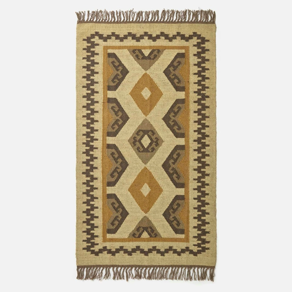 image 1 of Homescapes Ravar Brown and Gold Kilim Wool Rug - 160 x 230 cm | Brown | 160 x 230 cm