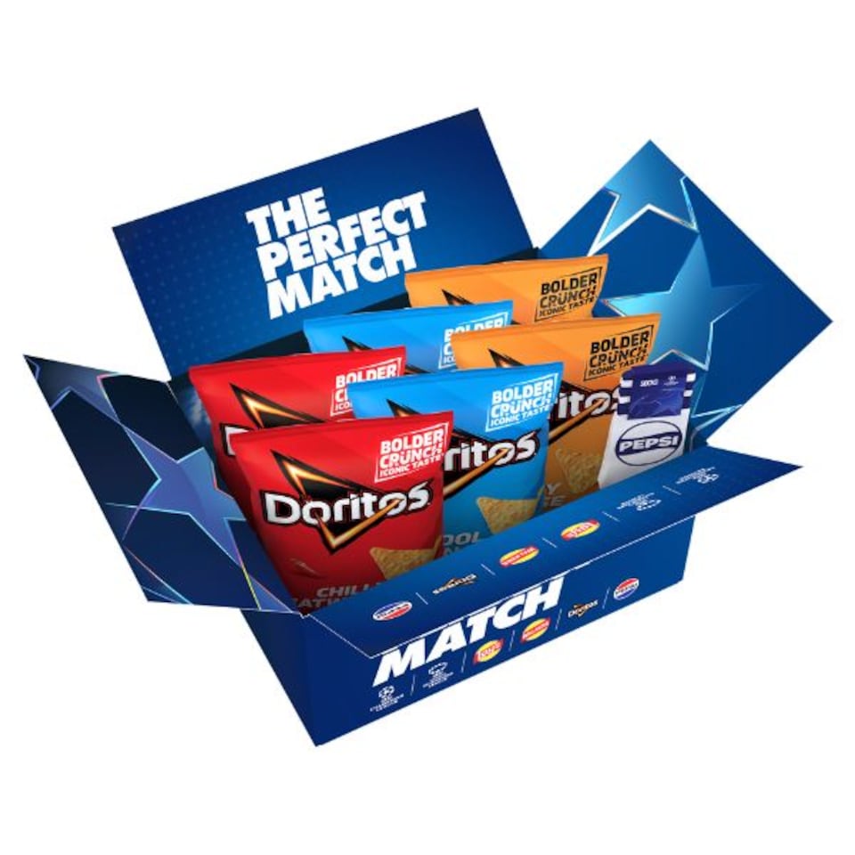 image 1 of Doritos Champion's League Final Matchday Snack Box, Cool Original, Tangy Cheese & Chilli Heatwave, 6 x 180g bags & Pepsi Socks