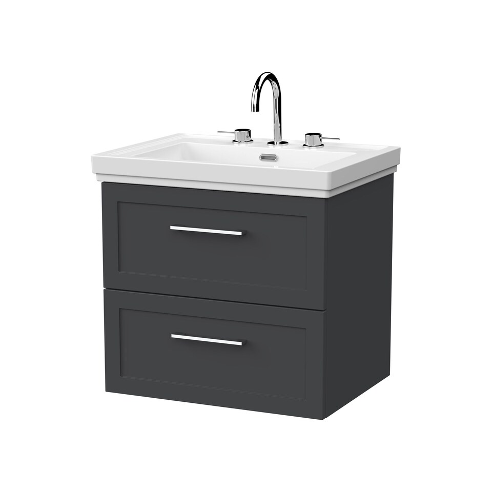 image 1 of Balterley Stonnall Traditional Wall Hung 2 Drawers Vanity Unit with Traditional 3 Tap Hole Fireclay Basin, 600mm, Dark Grey