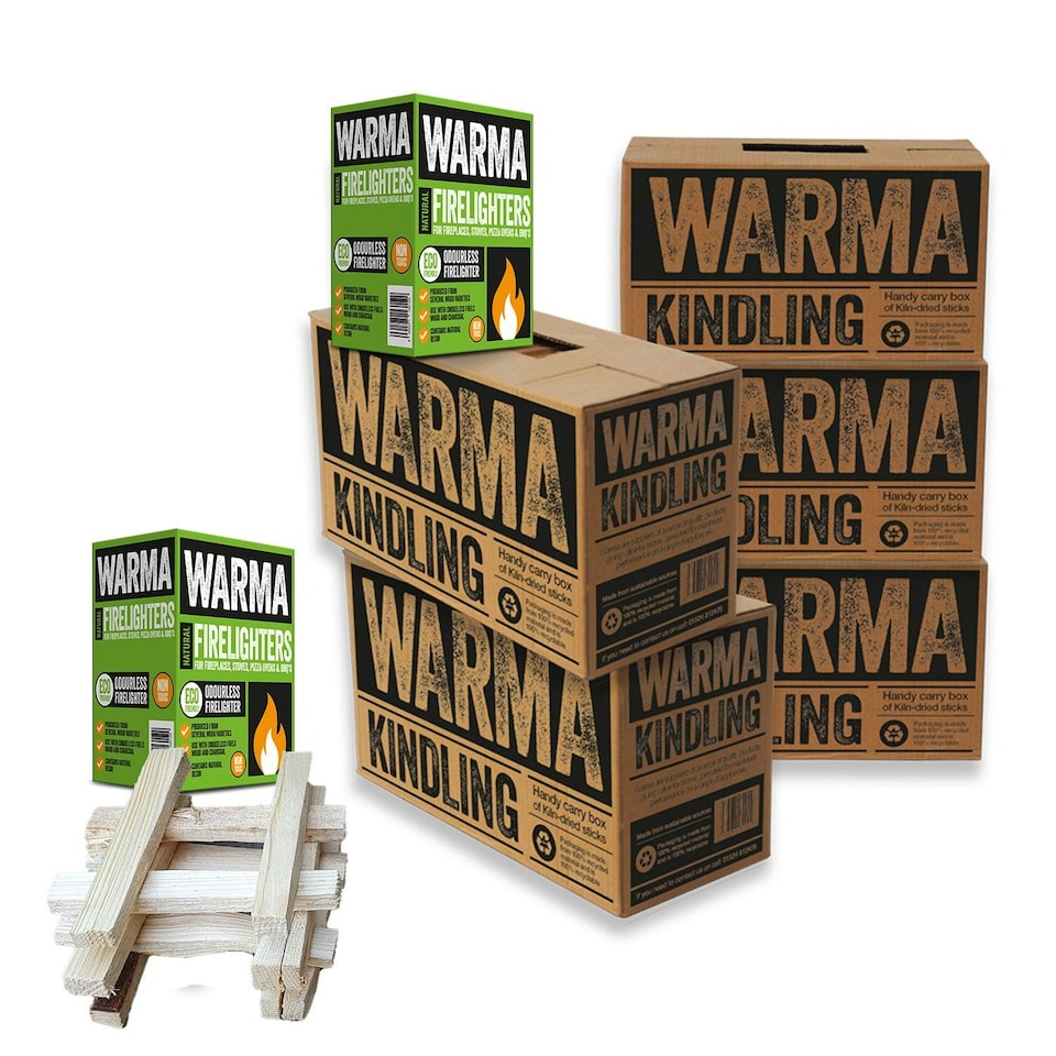 image 1 of Warma Kiln Dried Kindling Wood & Firelighters Bundle - 5 x Large Boxes Kindling & 2 Boxes 30 Eco Wood Wool Firelighters