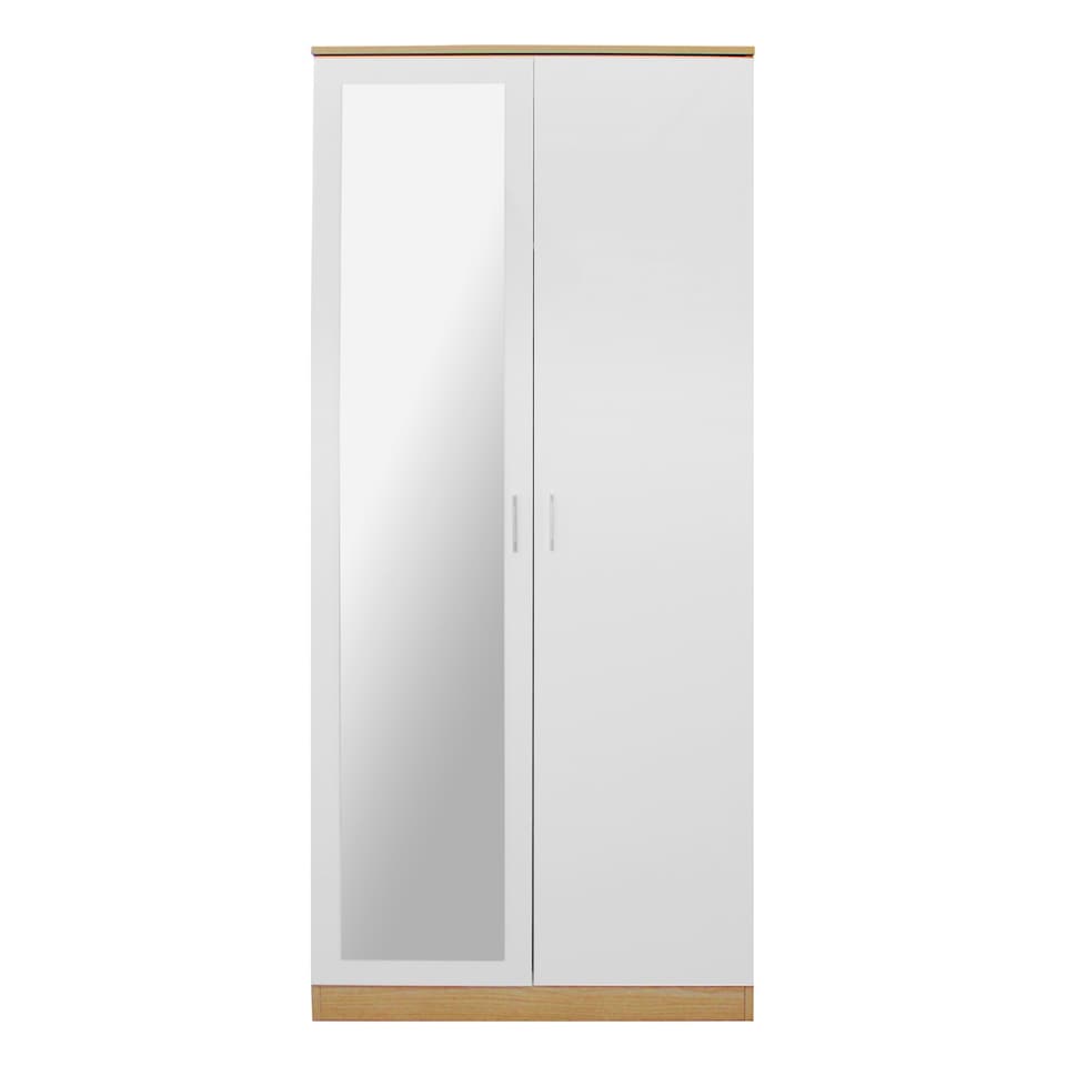 image 1 of Modern 2-Door Wardrobe with Mirror High Gloss Finish In Oak and White White | Oak