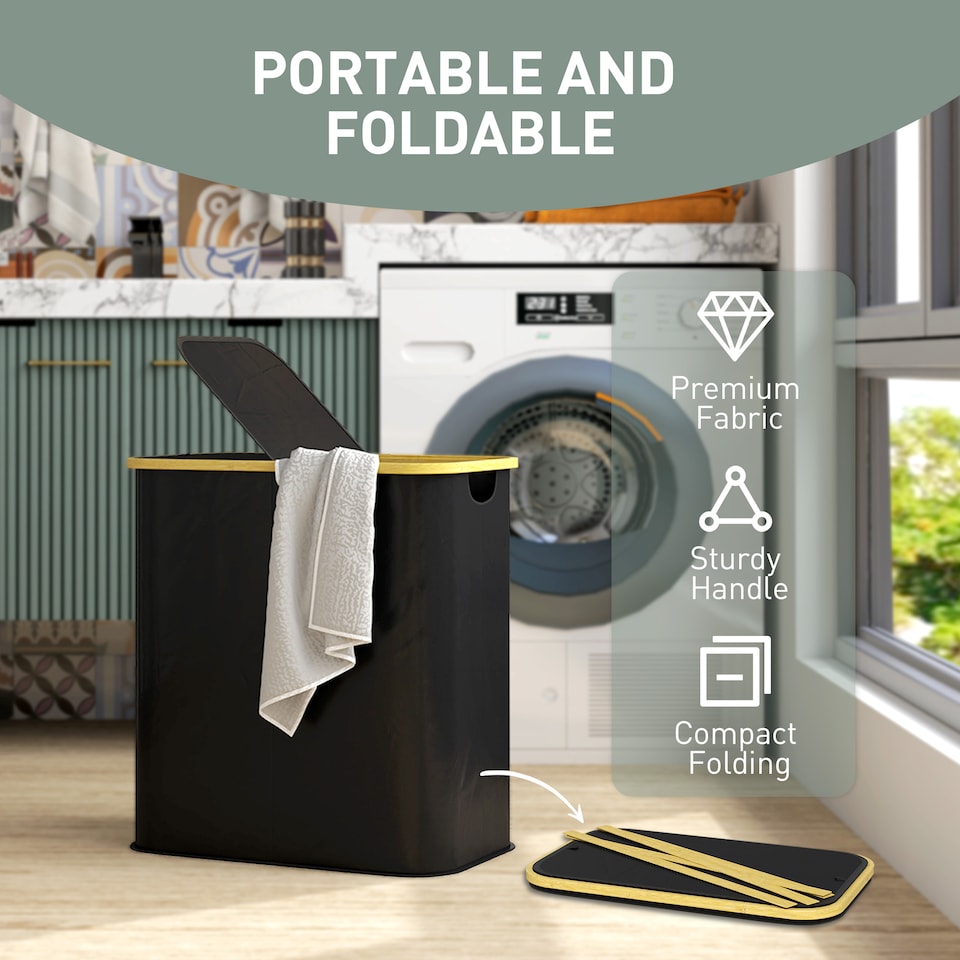 image 1 of HOMCOM Double Laundry Basket With Lid, 80L Collapsible Laundry Hamper with Groove Handles, Washing Basket for Bathroom, Bedroom, Laundry Room, Black