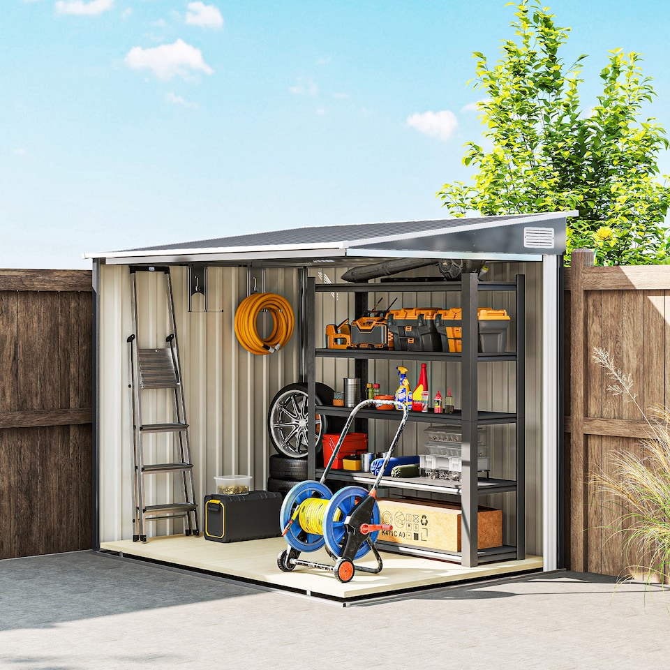 image 1 of Outsunny 7 x 5FT Galvanised Metal Garden Shed with Foundation, Lean to Shed, Tool Storage House with Sliding Doors, 2 Vents, Adjustable Shelves and Hooks, Dark Grey | Grey | 1