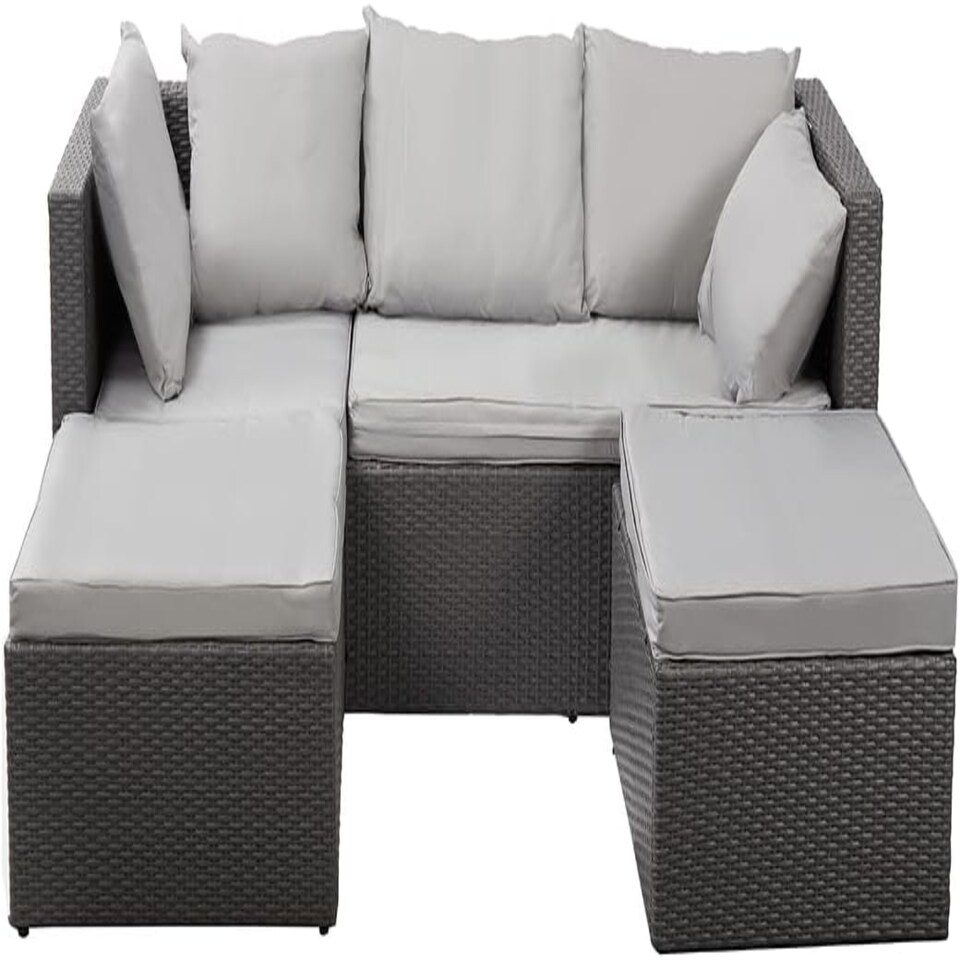 image 1 of Nustone Garden Patio Rattan 3 Seat Sofa Set with Chaise Lounger and Footrest in Light Grey Grey | Light Grey