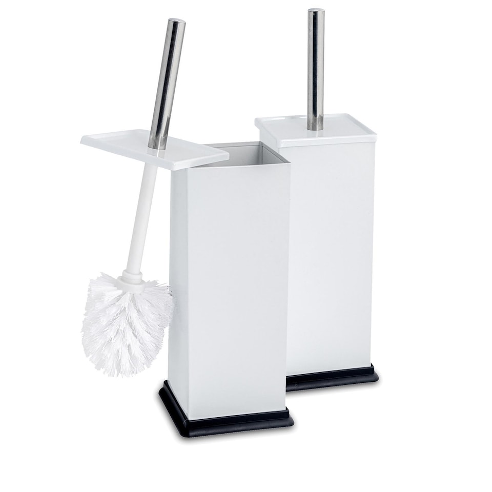 image 1 of Harbour Housewares 2x Toilet Brushes & Holder - White - Square Stainless Steel Non Slip Rust Resistant Toilet Cleaning Brush | White | White | One Size | 2