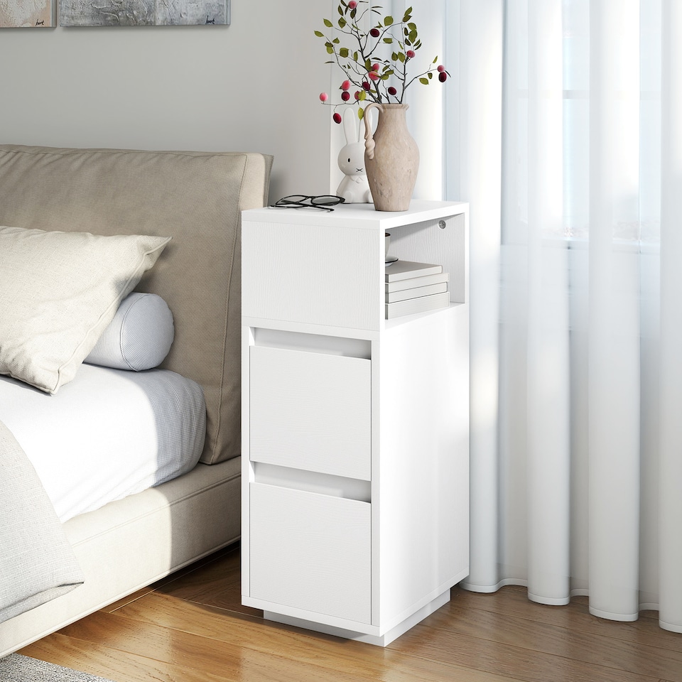 image 1 of HOMCOM Slim Bedside Table, Narrow Bedside Cabinet with Open Shelf and 2 Drawers, Modern Nightstand for Bedroom, Living Room, White | White | White