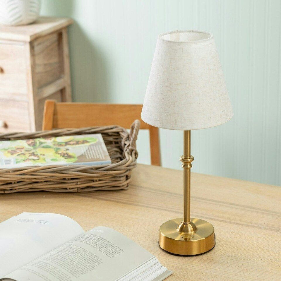 image 1 of ValueLights Lowe Brushed Gold Table Lamp with Natural Tapered Shade and Globe LED 2W Cool White 2700K Bulb