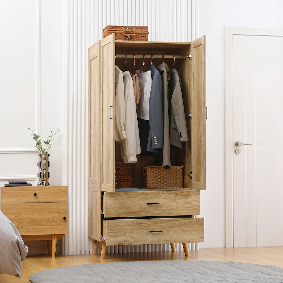 image 1 of HOMCOM 2 Door Wardrobe with 2 Drawers and Hanging Rail for Bedroom