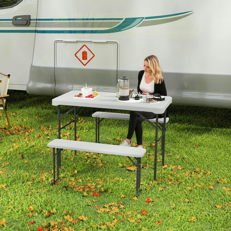 image 1 of Outsunny 3 Piece Folding Picnic Table and Bench Set w/ Handle, White 