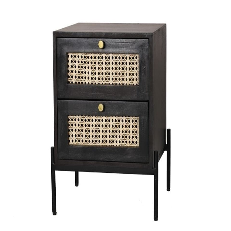 image 1 of Rattan Bedside Table 2 Drawer - Mango Wood/Iron - L45 x W45 x H55 cm - Black Finish with Natural Rattan - Assembly Required