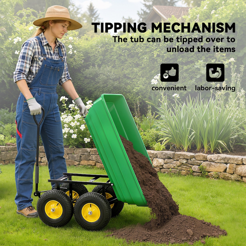 image 1 of Outsunny 75L Garden Cart Trolley Dump Wheelbarrow Trailer Truck 4 Wheels