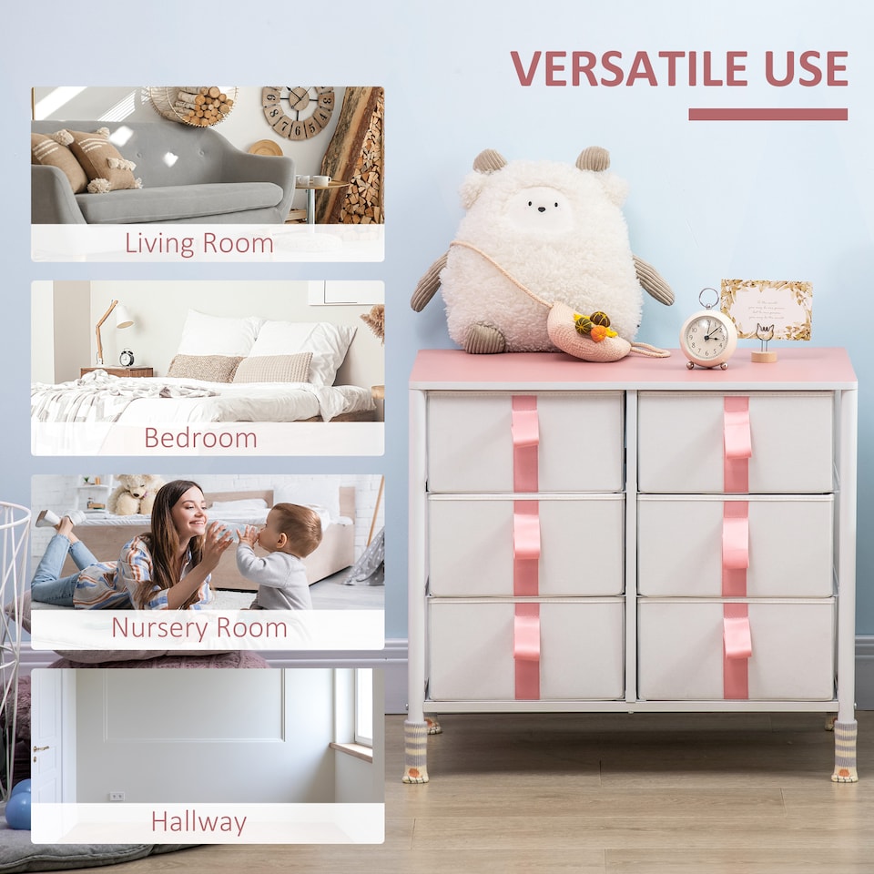 image 1 of HOMCOM Chest of Drawers, Cloth Organizer Unit with 6 Fabric Drawers, Metal Frame and Wooden Top, Storage Cabinet for Kids Room, Living Room, Closet, Hallway, Pink