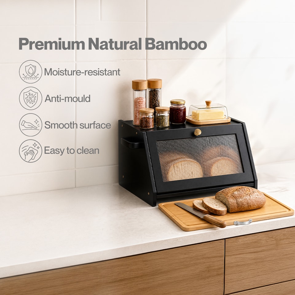 image 1 of TOQUE Bread Box, Wooden Bread Bin 2-Tier Bamboo Bread Storage Holder, Black