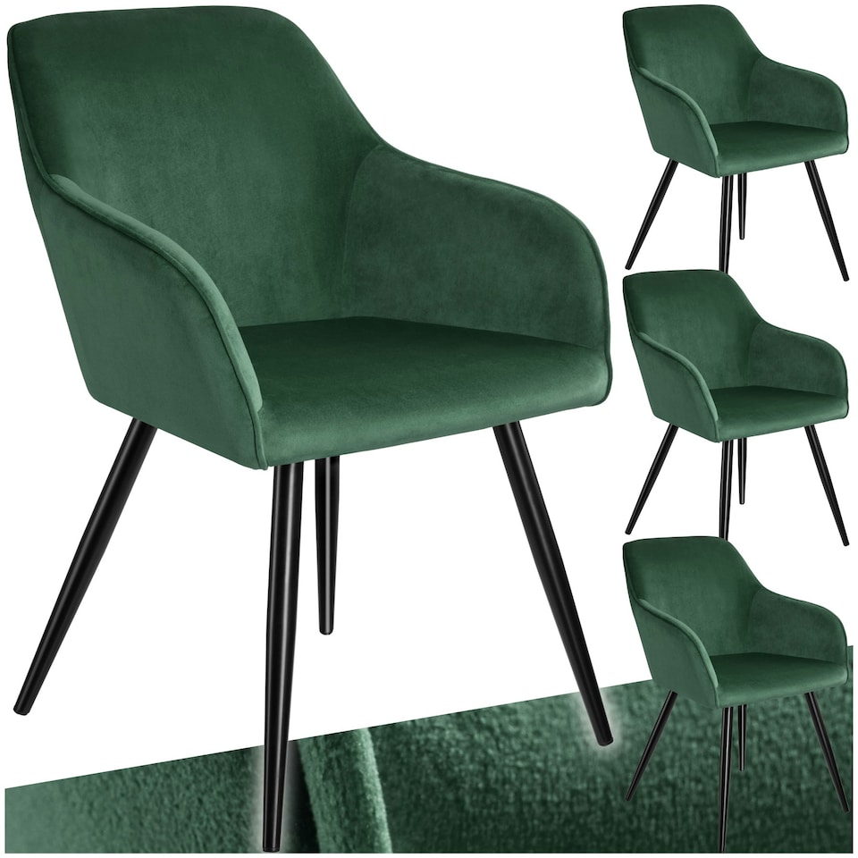 image 1 of Dining Chair Marilyn - with armrests, padded, velvet look, black steel legs - Set of 4 Green | Dark Green/Black