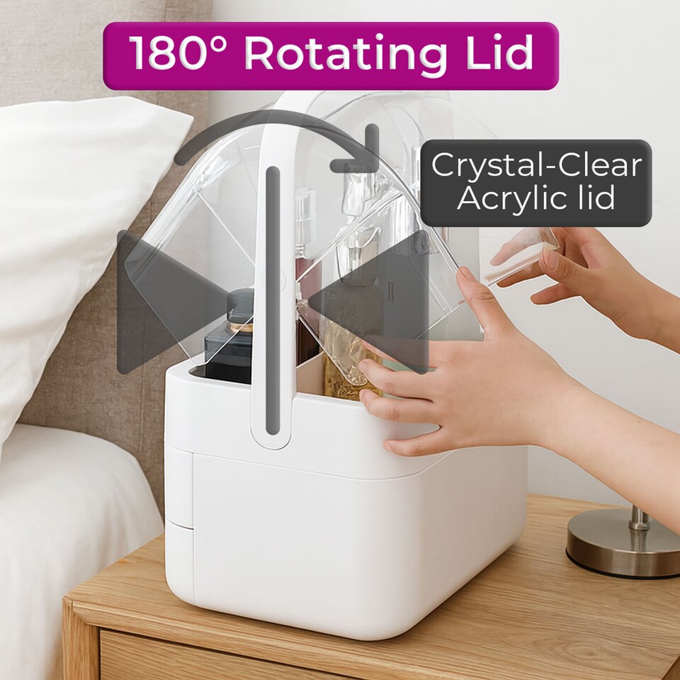 image 1 of Neo Acrylic Makeup Organiser with Lid & Drawers Portable Dustproof Cosmetic Storage Box | Pink | Pink | 26.5 x 18.2 x 34.7cm | 1