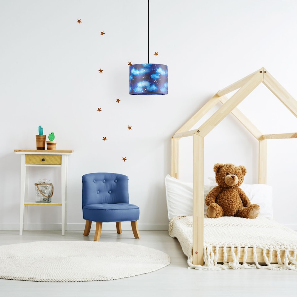 image 1 of Modern Navy Blue Childrens Lamp Shade with Bright Gold Stars and White Clouds | Blue | Midnight Blue | 1