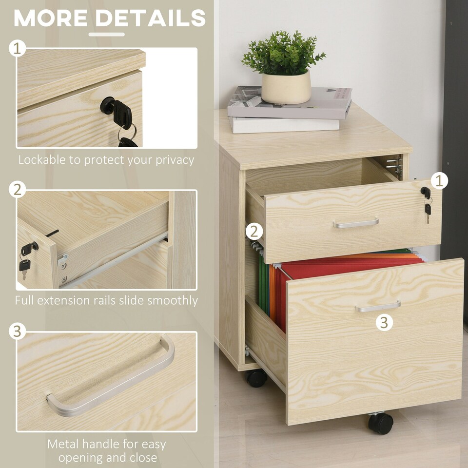 image 1 of Vinsetto 2-Drawer Locking Office Filing Cabinet 5 Wheels Rolling Storage Oak