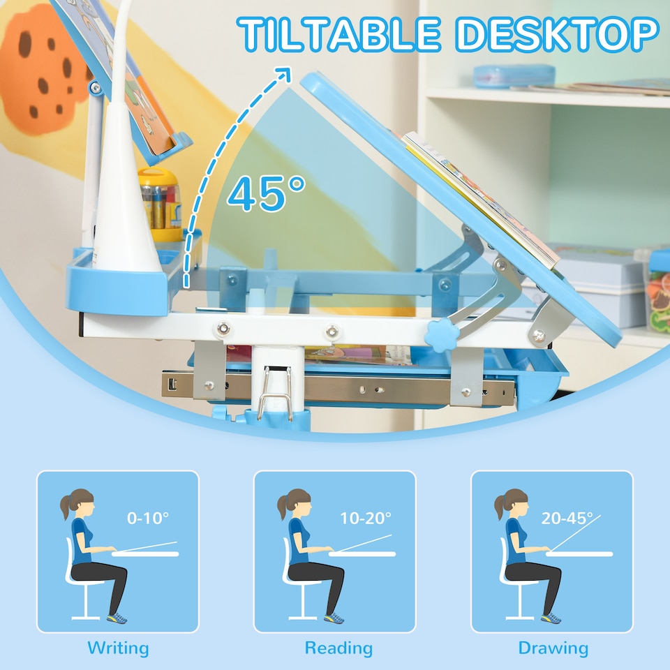 image 1 of HOMCOM Kids Study Desk and Chair Set w/ USB Lamp, Adjustable Height, Blue