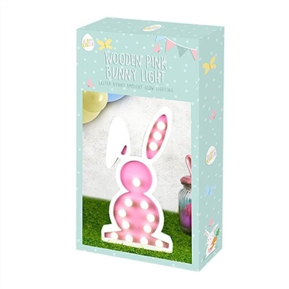 image 1 of Pink Easter Bunny Wooden LED Light Decoration 32.5cm