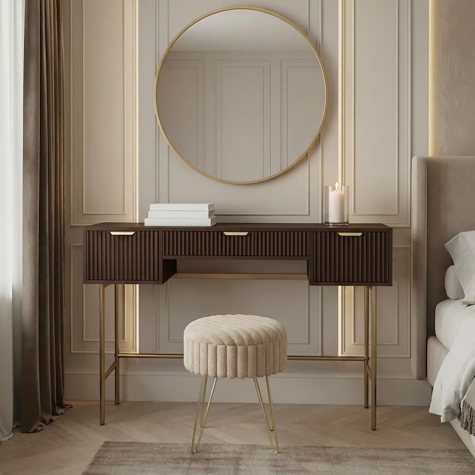 image 1 of OHS Ribbed Dressing Table Vanity Makeup Desk with 3 Drawers | Coffee