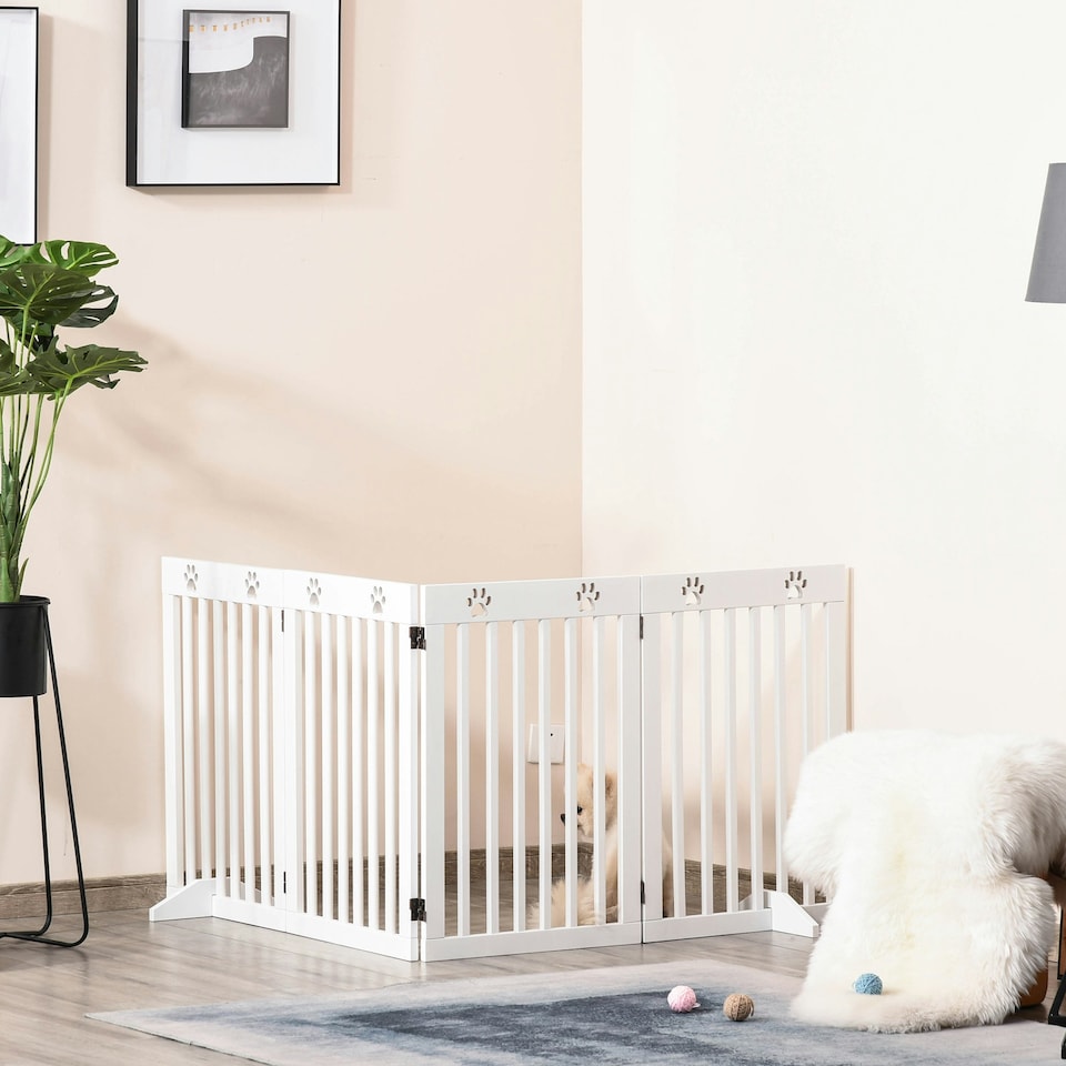 image 1 of PawHut Pet Gate Foldable Fence Freestanding Dog Barrier w/ Support Feet White