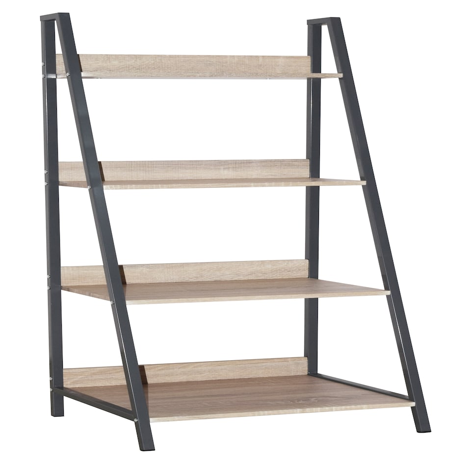 image 1 of Ladder Bookcase with Oak Effect Shelves and Grey Metal Frames - Home Office Storage Unit | Brown | Brown | 1