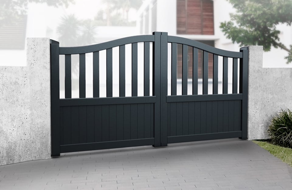 image 1 of Double Swing Gate 3500x1800mm Black - Partial Privacy Driveway Gate with Vertical Solid Infill and Bell-Curved Top | Black | 1
