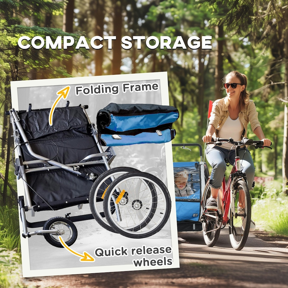 image 1 of HOMCOM 2 Seat Bike Trailer with 5 Point Harness, for 18+ Months, Blue