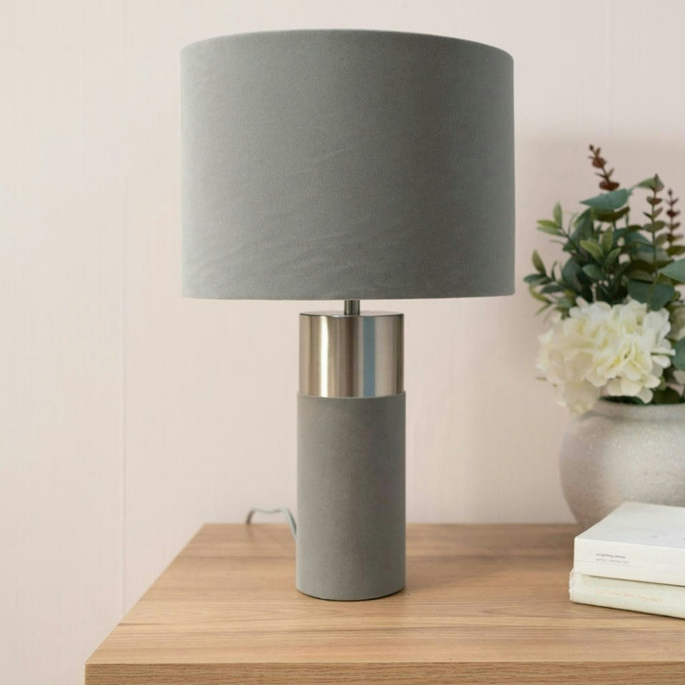 image 1 of ValueLights Alexa Charcoal Grey Velvet and Silver Chrome Bedside Table Lamp with a Drum Lampshade - Bulb Included