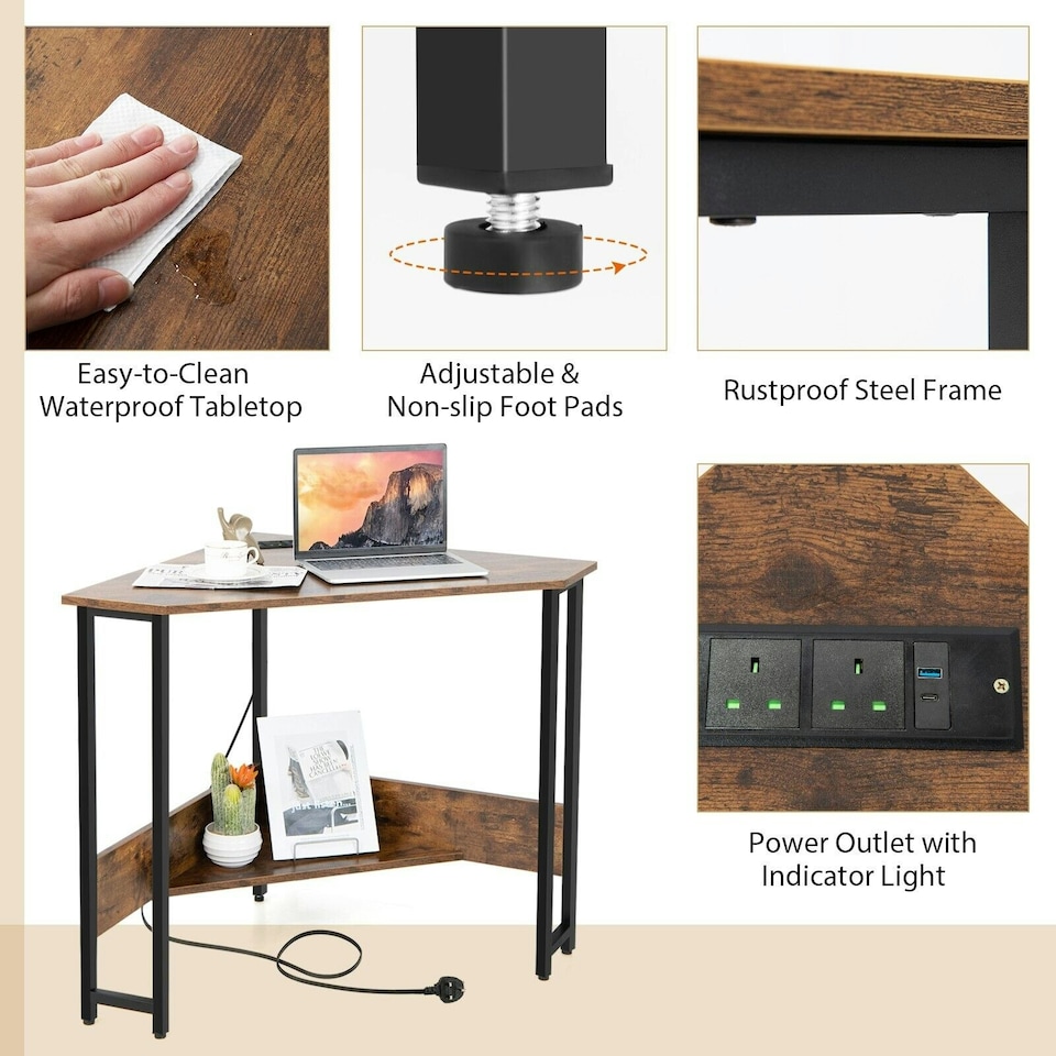 image 1 of COSTWAY Corner Desk Triangle Computer Table w/Power Outlet Brown Brown