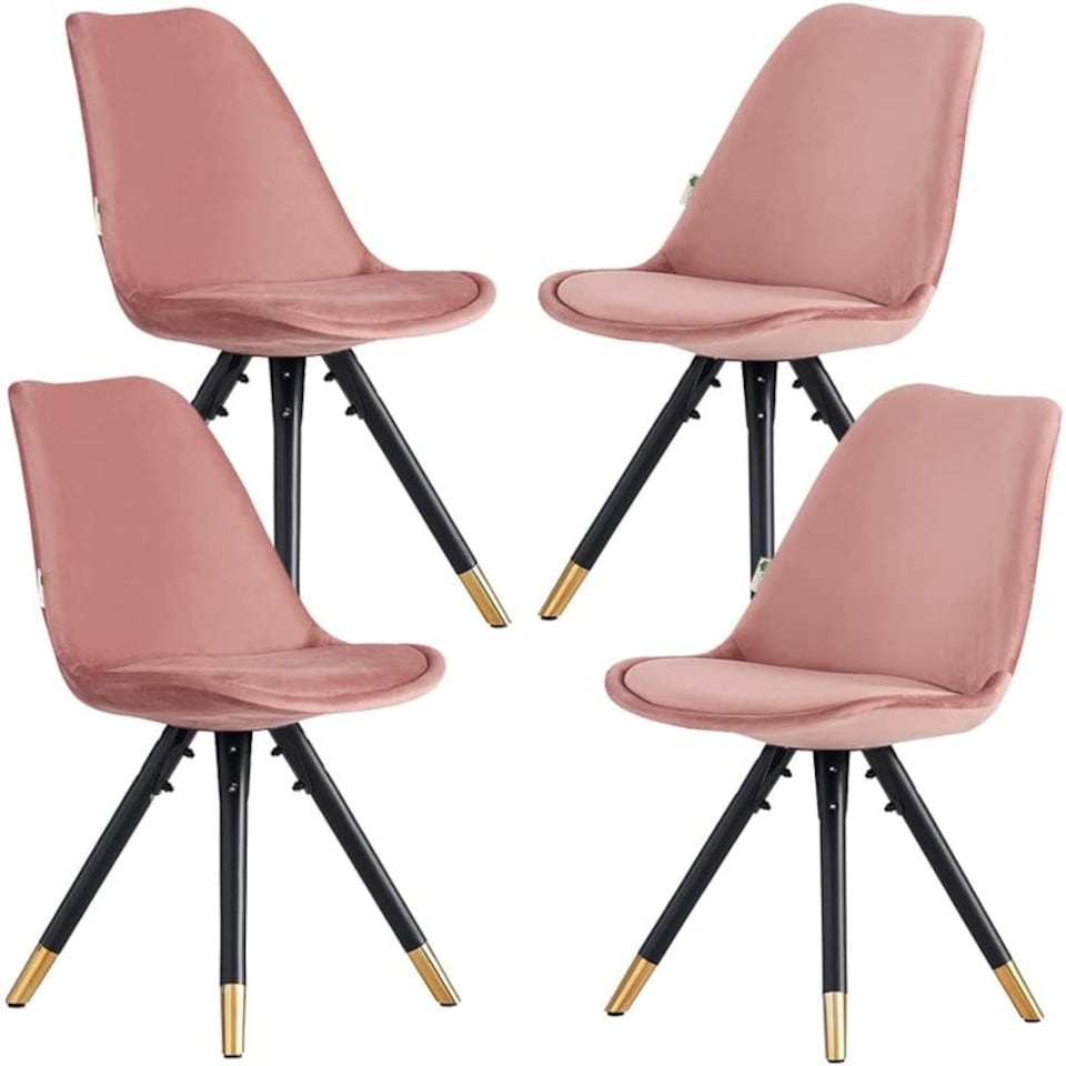 image 1 of Set of 4 Sofia Ergonomic Modern Dining Chairs Upholstered in Velvet, Metal Legs with Gold End Tips | Pink