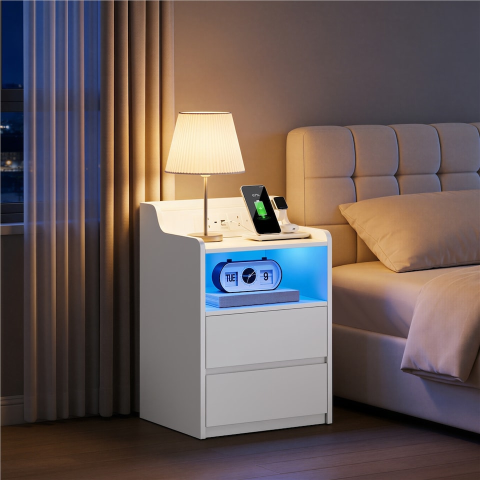 image 1 of Yaheetech Set of 2 Bedside Tables with 2 Storage Drawers and Open Compartment-White