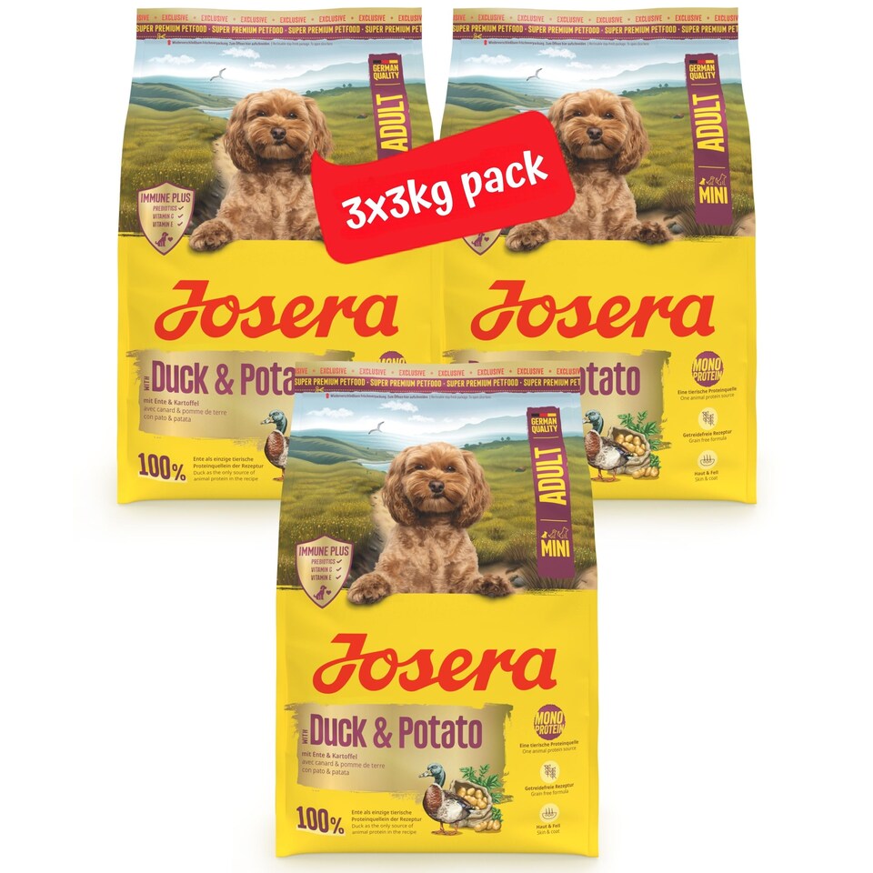 image 1 of Josera Mini Adult Duck & Potato | Grain free | Single meat protein | Complete dry food for toy & small breed dogs | Immune Plus | Skin & Coat | 3x3kg