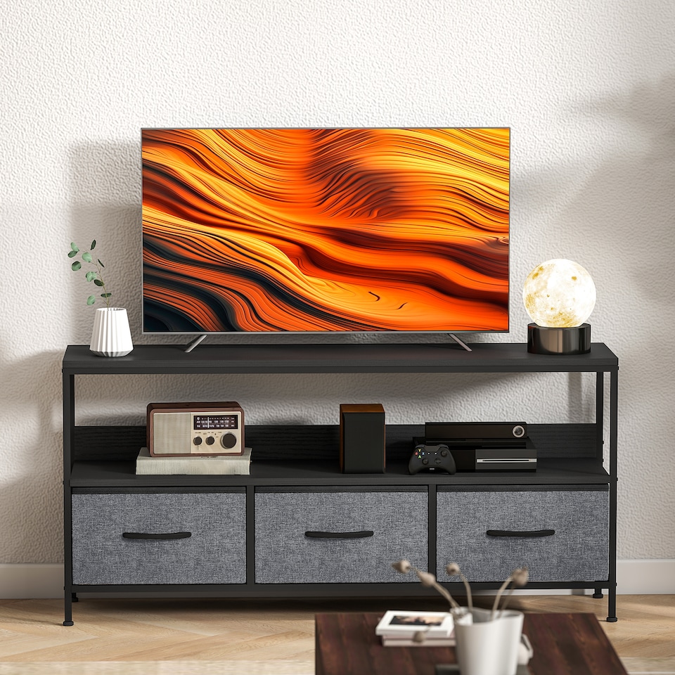 image 1 of HOMCOM TV Stand Cabinet up to 55-inch, TV Unit with 3 Foldable Linen Drawers, Open Shelf for Living Room, Bedroom, Entertainment Room, Black | Black