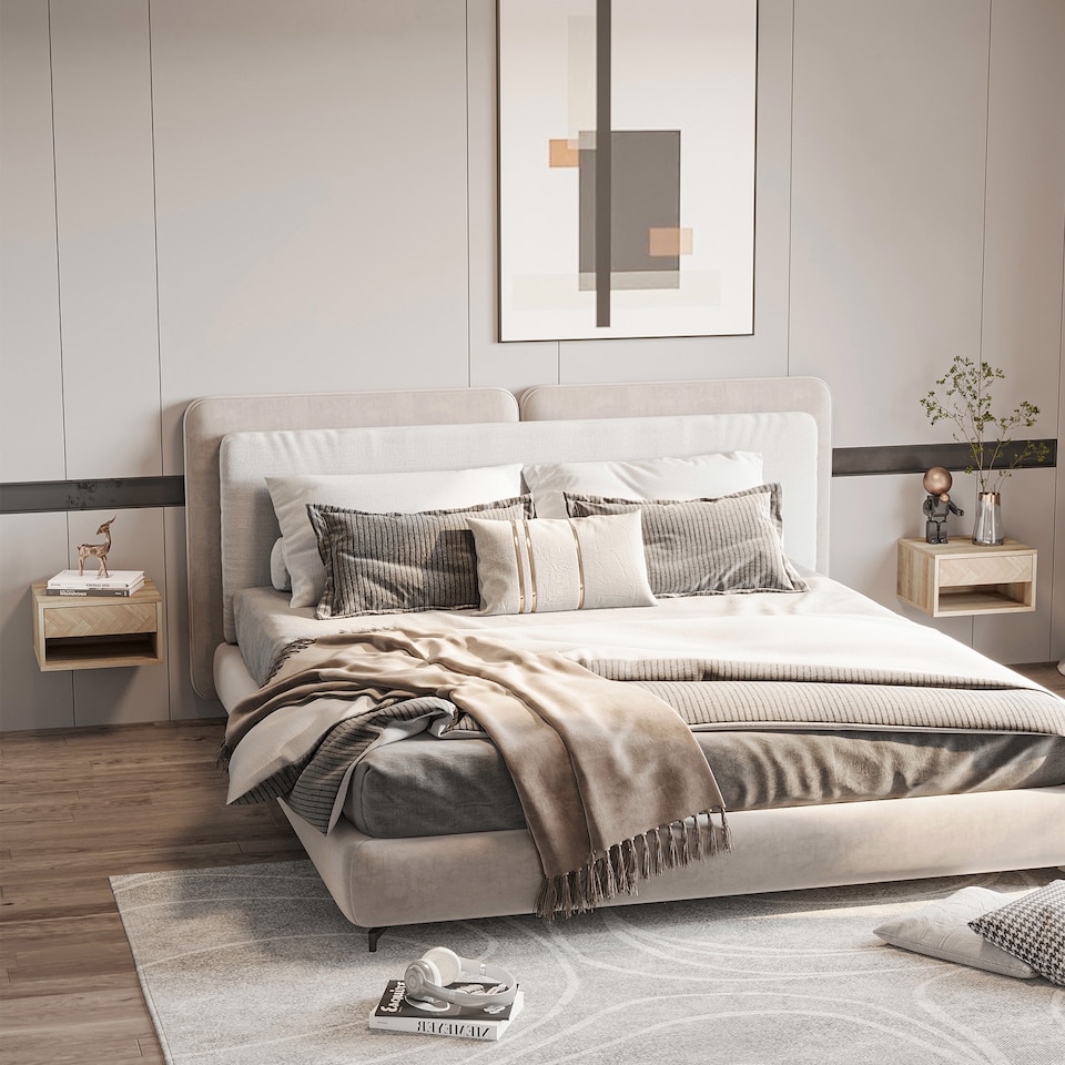 image 1 of HOMCOM Floating Bedside Table Set of 2 Wall Mounted Nightstand with Storage Drawer and Open Shelf for Bedroom, Natural | Yellow