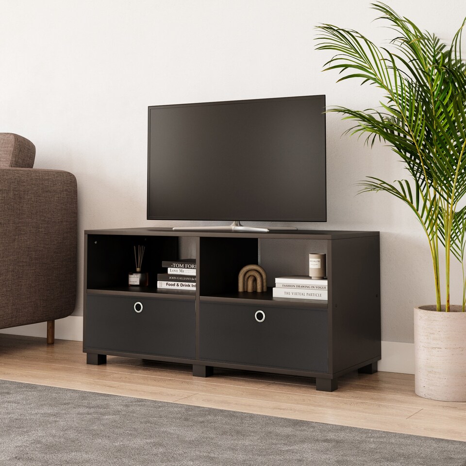 image 1 of Black TV Stand with 2 Drawers | Black | Black & Black | 1